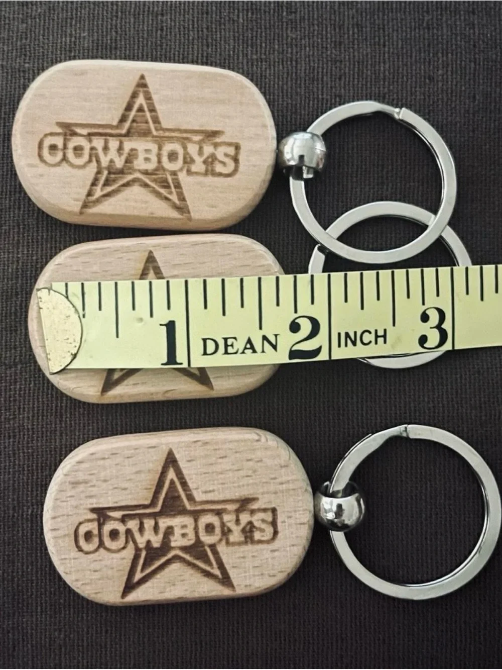 Set of 3 Wooden Cowboys Logo Key Fob - Natural Brown